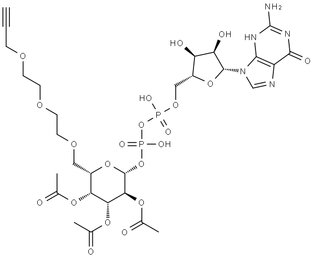 Guanosine 5′-(trihydrogen diphosphate), P′-[2,3,4-tri-O-acetyl-6-O-[2-[2-(2-propyn-1-yloxy)ethoxy]ethyl]-β-L-galactopyranosyl] ester Struktur
