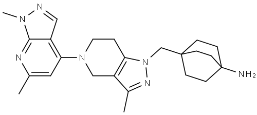 Bicyclo[2.2.2]octan-1-amine, 4-[[5-(1,6-dimethyl-1H-pyrazolo[3,4-b]pyridin-4-yl)-4,5,6,7-tetrahydro-3-methyl-1H-pyrazolo[4,3-c]pyridin-1-yl]methyl]- Struktur