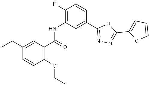 2-Ethoxy-5-ethyl-N-[2-fluoro-5-[5-(2-furyl)-1,3,4-oxadiazol-2-yl]phenyl]benzamide Struktur