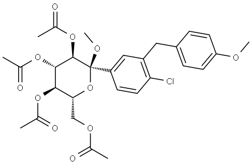 α-D-Glucopyranoside, methyl 1-C-[4-chloro-3-[(4-methoxyphenyl)methyl]phenyl]-, 2,3,4,6-tetraacetate Struktur