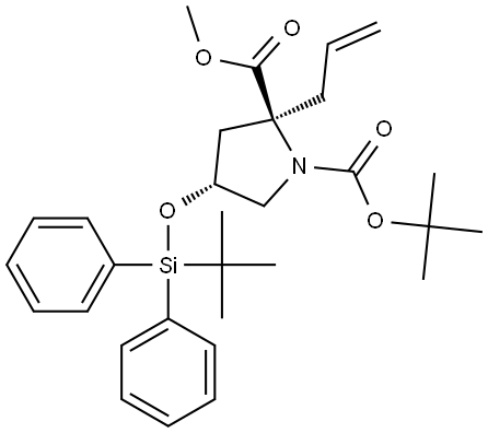 1,2-Pyrrolidinedicarboxylic acid, 4-[[(1,1-dimethylethyl)diphenylsilyl]oxy]-2-(2-propen-1-yl)-, 1-(1,1-dimethylethyl) 2-methyl ester, (2S,4R)- Struktur