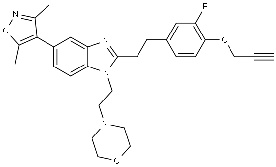 4-(2-(5-(3,5-dimethylisoxazol-4-yl)-2-(3-fluoro-4-(prop-2-yn-1-yloxy)phenethyl)-1H-benzo[d]imidazol-1-yl)ethyl)morpholine Struktur