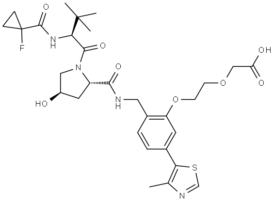 2-(2-(2-(((2S,4R)-1-((S)-2-(1-fluorocyclopropane-1-carboxamido)-3,3-dimethylbutanoyl)-4-hydroxypyrrolidine-2-carboxamido)methyl)-5-(4-methylthiazol-5-yl)phenoxy)ethoxy)acetic acid Struktur