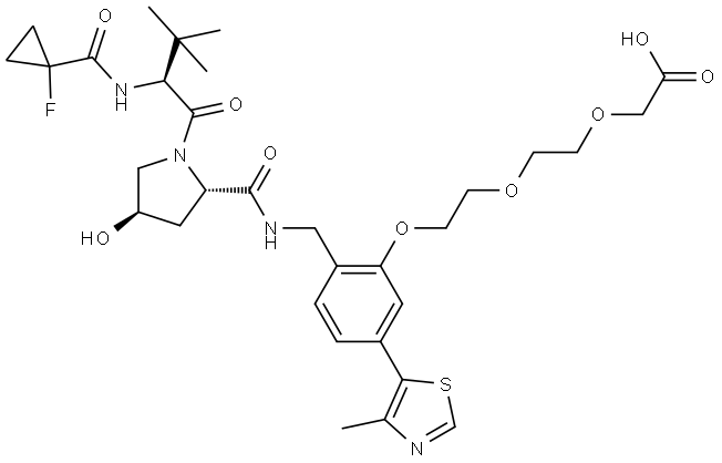 2-(2-(2-(2-(((2S,4R)-1-((S)-2-(1-fluorocyclopropane-1-carboxamido)-3,3-dimethylbutanoyl)-4-hydroxypyrrolidine-2-carboxamido)methyl)-5-(4-methylthiazol-5-yl)phenoxy)ethoxy)ethoxy)acetic acid Struktur