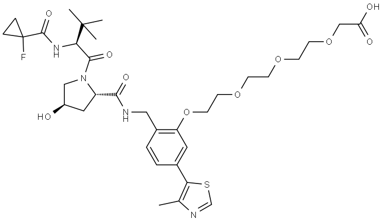 2-(2-(2-(2-(2-(((2S,4R)-1-((S)-2-(1-fluorocyclopropane-1-carboxamido)-3,3-dimethylbutanoyl)-4-hydroxypyrrolidine-2-carboxamido)methyl)-5-(4-methylthiazol-5-yl)phenoxy)ethoxy)ethoxy)ethoxy)acetic acid Struktur