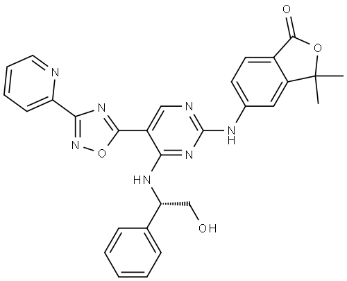 1(3H)-Isobenzofuranone, 5-[[4-[[(1S)-2-hydroxy-1-phenylethyl]amino]-5-[3-(2-pyridinyl)-1,2,4-oxadiazol-5-yl]-2-pyrimidinyl]amino]-3,3-dimethyl- Struktur