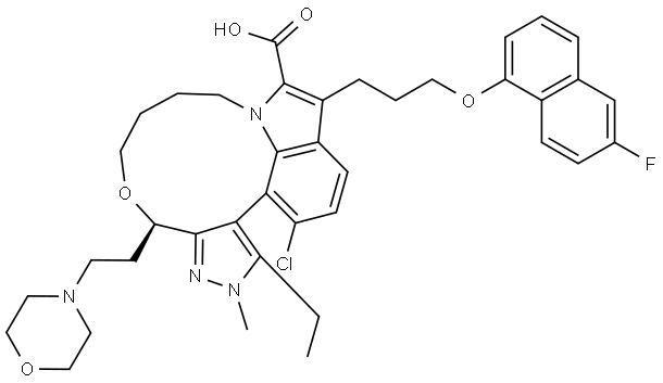 Pyrazolo[3,4-h]pyrrolo[3,2,1-no][6,1]benzoxaazacycloundecine-5-carboxylic acid, 1-chloro-15-ethyl-4-[3-[(6-fluoro-1-naphthalenyl)oxy]propyl]-7,8,9,10,12,14-hexahydro-14-methyl-12-[2-(4-morpholinyl)ethyl]-, (12R)- Struktur