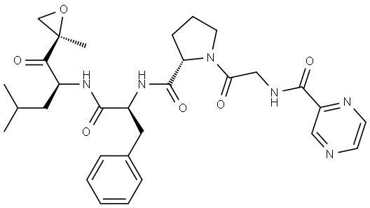 N-[2-[(2S)-2-[[(2S)-1-[[(2S)-4-methyl-1-[(2R)-2-methyloxiran-2-yl]-1-oxopentan-2-yl]amino]-1-oxo-3-phenylpropan-2-yl]carbamoyl]pyrrolidin-1-yl]-2-oxoethyl]pyrazine-2-carboxamide Struktur