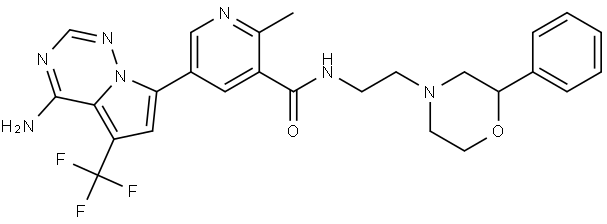 5-(4-amino-5-(trifluoromethyl)pyrrolo[2,1-f][1,2,4]triazin-7-yl)-2-methyl-N-(2-(2-phenylmorpholino)ethyl)nicotinamide Struktur