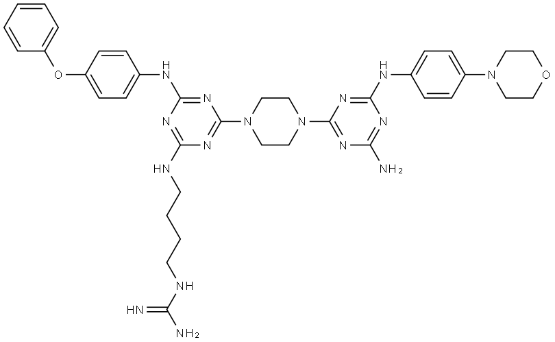 Guanidine, N-[4-[[4-[4-[4-amino-6-[[4-(4-morpholinyl)phenyl]amino]-1,3,5-triazin-2-yl]-1-piperazinyl]-6-[(4-phenoxyphenyl)amino]-1,3,5-triazin-2-yl]amino]butyl]- Struktur