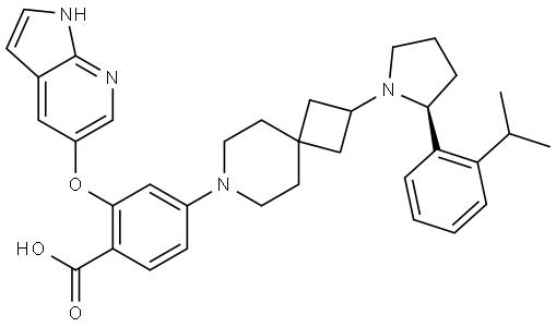 (S)-2-((1H-pyrrolo[2,3-b]pyridin-5-yl)oxy)-4-(2-(2-(2-isopropylphenyl)pyrrolidin-1-yl)-7-azaspiro[3.5]nonan-7-yl)benzoic acid Struktur