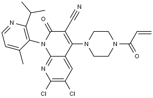 1,8-Naphthyridine-3-carbonitrile, 6,7-dichloro-1,2-dihydro-1-[4-methyl-2-(1-methylethyl)-3-pyridinyl]-2-oxo-4-[4-(1-oxo-2-propen-1-yl)-1-piperazinyl]- Struktur