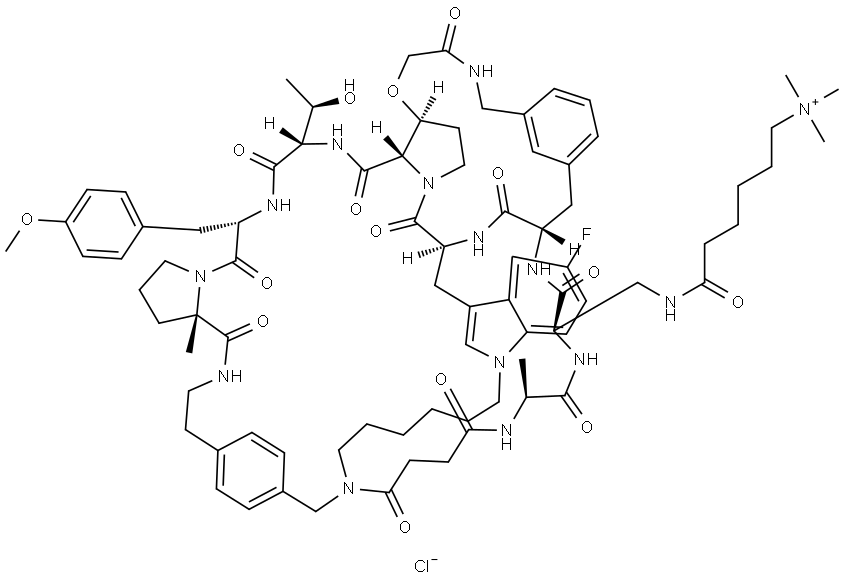 L-Proline, L-alanyl-3-[[1-oxo-6-(trimethylammonio)hexyl]amino]-D-alanyl-3-[[(2-hydroxyacetyl)amino]methyl]-L-phenylalanyl-1-[6-[[[4-(2-aminoethyl)phenyl]methyl](3-carboxy-1-oxopropyl)amino]hexyl]-5-fluoro-L-tryptophyl-(3S)-3-hydroxy-L-prolyl-L-threonyl-O-methyl-L-tyrosyl-2-methyl-, (4→1),(8→4)-dilac… Struktur