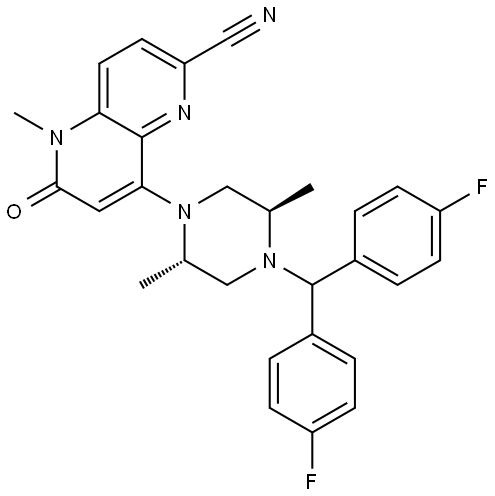 8-[(2S,5R)-4-[Bis(4-fluorophenyl)methyl]-2,5-dimethyl-1-piperazinyl]-5-methyl-6-oxo-5,6-dihydro-1,5-naphthyridine-2-carbonitrile Struktur