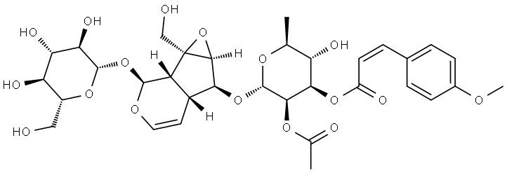 β-D-Glucopyranoside, (1aS,1bS,2S,5aR,6S,6aS)-6-[[2-O-acetyl-6-deoxy-3-O-[(2Z)-3-(4-methoxyphenyl)-1-oxo-2-propen-1-yl]-α-L-mannopyranosyl]oxy]-1a,1b,2,5a,6,6a-hexahydro-1a-(hydroxymethyl)oxireno[4,5]cyclopenta[1,2-c]pyran-2-yl Struktur