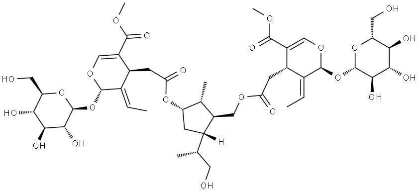 2H-Pyran-4-acetic acid, 3-ethylidene-2-(β-D-glucopyranosyloxy)-3,4-dihydro-5-(methoxycarbonyl)-, [(1S,2R,3S,5S)-3-[[[(2S,3E,4S)-3-ethylidene-2-(β-D-glucopyranosyloxy)-3,4-dihydro-5-(methoxycarbonyl)-2H-pyran-4-yl]acetyl]oxy]-5-[(1R)-2-hydroxy-1-methylethyl]-2-methylcyclopentyl]methyl ester, (2S,3E,4S)- Struktur