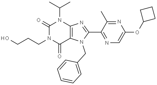 1H-Purine-2,6-dione, 8-[5-(cyclobutyloxy)-3-methyl-2-pyrazinyl]-3,7-dihydro-1-(3-hydroxypropyl)-3-(1-methylethyl)-7-(phenylmethyl)- Struktur