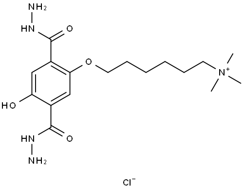 6-(2,5-di(hydrazinecarbonyl)-4-hydroxyphenoxy)-N,N,N-trimethylhexan-1-aminium chloride Struktur