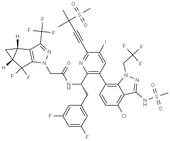 1H-Cyclopropa[3,4]cyclopenta[1,2]pyrazole-1-acetamide, N-[(1S)-1-[3-[4-chloro-3-[(methylsulfonyl)amino]-1-(2,2,2-trifluoroethyl)-1H-indazol-7-yl]-5-iodo-6-[3-methyl-3-(methylsulfonyl)-1-butyn-1-yl]-2-pyridinyl]-2-(3,5-difluorophenyl)ethyl]-5,5-difluoro-3b,4,4a,5-tetrahydro-3-(trifluoromethyl)-, (3bS,4aR)- Struktur