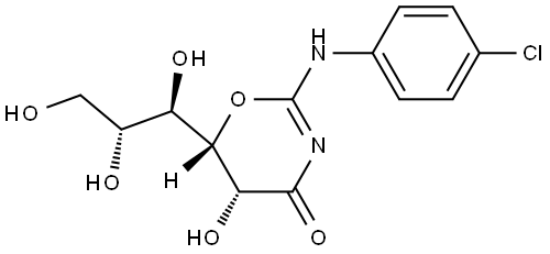 4H-1,3-Oxazin-4-one, 2-[(4-chlorophenyl)amino]-5,6-dihydro-5-hydroxy-6-[(1R,2R)-1,2,3-trihydroxypropyl]-, (5R,6S)-rel- Struktur