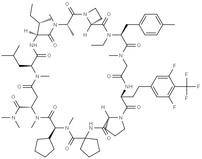 (5S,8S,11S,15S,18S,23aS,29S,35S,37aS)-8-((S)-sec-butyl)-18-cyclopentyl-29-(3,5-difluoro-4-(trifluoromethyl)phenethyl)-36-ethyl-11-isobutyl-N,N,5,6,12,16,19,33-octamethyl-35-(4-methylbenzyl)-4,7,10,13,17,20,23,28,31,34,37-undecaoxotetratriacontahydro-2H,4H-spiro[azeto[2,1-u]pyrrolo[2,1-i][1,4,7,10,13,16,19,22,25,28,31]undecaazacyclotetratriacontine-21,1'-cyclopentane]-15-carboxamide Struktur