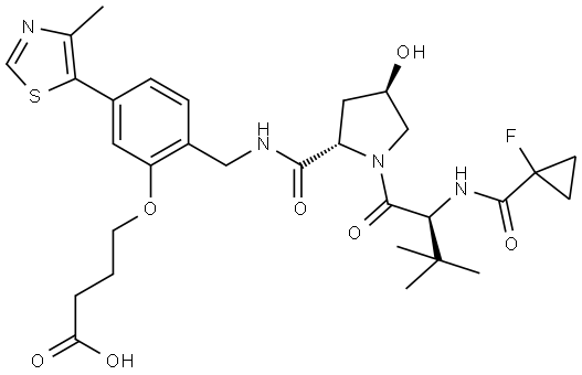 4-(2-(((2S,4R)-1-((S)-2-(1-fluorocyclopropane-1-carboxamido)-3,3-dimethylbutanoyl)-4-hydroxypyrrolidine-2-carboxamido)methyl)-5-(4-methylthiazol-5-yl)phenoxy)butanoic acid Struktur