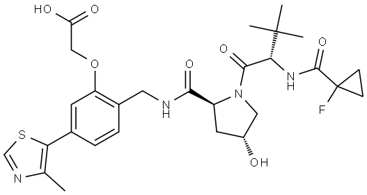 L-Prolinamide, N-[(1-fluorocyclopropyl)carbonyl]-3-methyl-L-valyl-N-[[2-(carboxymethoxy)-4-(4-methyl-5-thiazolyl)phenyl]methyl]-4-hydroxy-, (4R)- Struktur