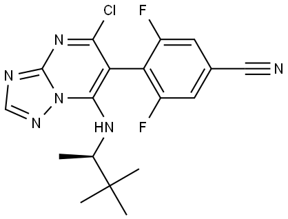 (R)-4-(5-chloro-7-((3,3-dimethylbutan-2-yl)amino)-[1,2,4]triazolo[1,5-a]pyrimidin-6-yl)-3,5-difluorobenzonitrile Struktur