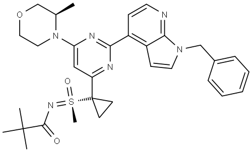Propanamide, 2,2-dimethyl-N-[(R)-methyl[1-[6-[(3R)-3-methyl-4-morpholinyl]-2-[1-(phenylmethyl)-1H-pyrrolo[2,3-b]pyridin-4-yl]-4-pyrimidinyl]cyclopropyl]oxido-λ4-sulfanylidene]- Structure