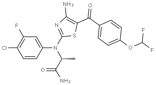 (R)-2-[[4-Amino-5-[4-(difluoromethoxy)benzoyl]-2-thiazolyl](4-chloro-3-fluorophenyl)amino]propanamide Struktur