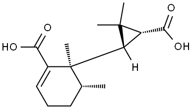 1-Cyclohexene-1-carboxylic acid, 6-[(1S,3R)-3-carboxy-2,2-dimethylcyclopropyl]-5,6-dimethyl-, (5R,6R)- Struktur