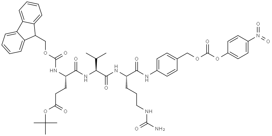 tert-butyl (4S)-5-[[(2S)-1-[[(2S)-5-(carbamoylamino)-1-[4-[(4-nitrophenoxy)carbonyloxymethyl]anilino]-1-oxopentan-2-yl]amino]-3-methyl-1-oxobutan-2-yl]amino]-4-(9H-fluoren-9-ylmethoxycarbonylamino)-5-oxopentanoate Struktur