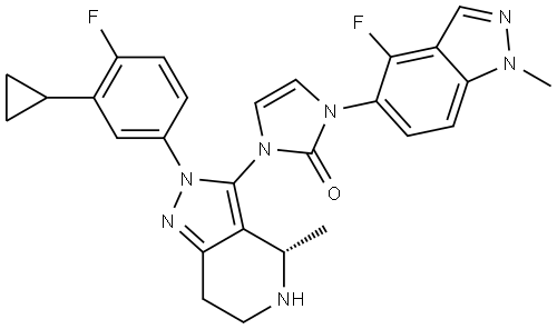 (S)-1-[2-(3-Cyclopropyl-4-fluorophenyl)-4-methyl-4,5,6,7-tetrahydro-2H-pyrazolo[4,3-c]pyridin-3-yl]-3-(4-fluoro-1-methyl-5-indazolyl)-1H-imidazol-2(3H)-one Struktur
