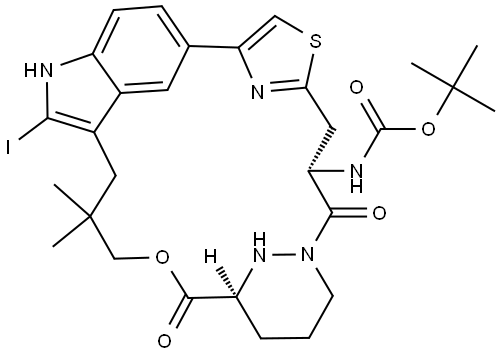 Carbamic acid, N-[(14S,18S)-18,19,20,21-tetrahydro-2-iodo-25,25-dimethyl-15,22-dioxo-17H-5,3-([4,2]-endo-thiazolopropano[1,3]-endo-pyridazinomethanoxypropano)-1H-indol-14-yl]-, 1,1-dimethylethyl ester Struktur