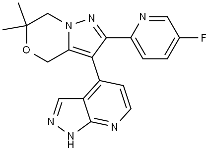 4H-Pyrazolo[5,1-c][1,4]oxazine, 2-(5-fluoro-2-pyridinyl)-6,7-dihydro-6,6-dimethyl-3-(1H-pyrazolo[3,4-b]pyridin-4-yl)- Struktur