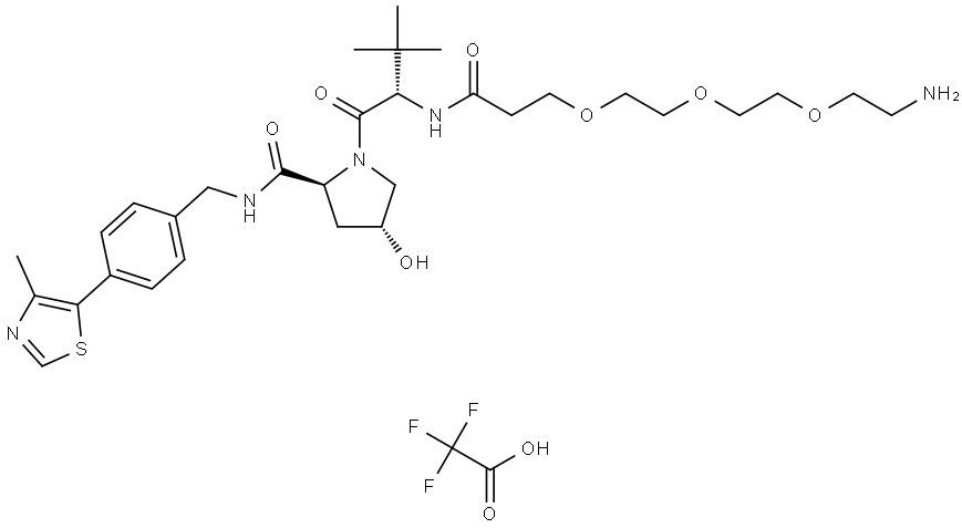 (2S,4R)-1-((R)-1-amino-14-(tert-butyl)-12-oxo-3,6,9-trioxa-13-azapentadecan-15-oyl)-4-hydroxy-N-(4-(4-methylthiazol-5-yl)benzyl)pyrrolidine-2-carboxamide 2,2,2-trifluoroacetic acid Struktur