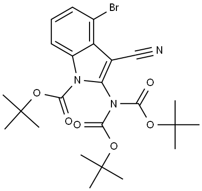 1H-Indole-1-carboxylic acid, 2-[bis[(1,1-dimethylethoxy)carbonyl]amino]-4-bromo-3-cyano-, 1,1-dimethylethyl ester Struktur
