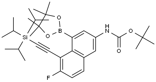 tert-Butyl (6-fluoro-4-(4,4,5,5-tetramethyl-1,3,2-dioxaborolan-2-yl)-5-((triisopropylsilyl)ethynyl)naphthalen-2-yl)carbamate Struktur