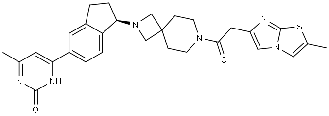 2(1H)-Pyrimidinone, 6-[(1R)-2,3-dihydro-1-[7-[2-(2-methylimidazo[2,1-b]thiazol-6-yl)acetyl]-2,7-diazaspiro[3.5]non-2-yl]-1H-inden-5-yl]-4-methyl- Struktur