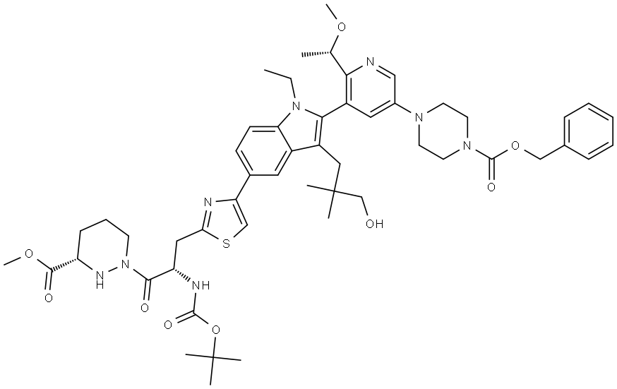 3-Pyridazinecarboxylic acid, 1-[(2S)-2-[[(1,1-dimethylethoxy)carbonyl]amino]-3-[4-[1-ethyl-3-(3-hydroxy-2,2-dimethylpropyl)-2-[2-[(1S)-1-methoxyethyl]-5-[4-[(phenylmethoxy)carbonyl]-1-piperazinyl]-3-pyridinyl]-1H-indol-5-yl]-2-thiazolyl]-1-oxopropyl]hexahydro-, methyl ester, (3S)- Struktur