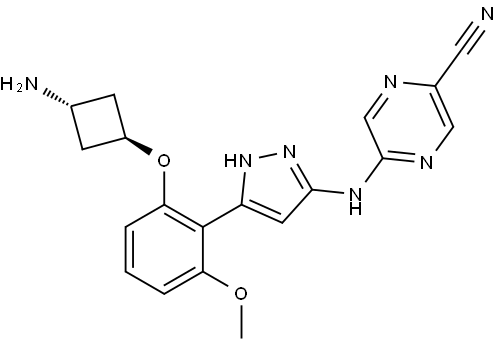 2-Pyrazinecarbonitrile, 5-[[5-[2-[(trans-3-aminocyclobutyl)oxy]-6-methoxyphenyl]-1H-pyrazol-3-yl]amino]- Struktur