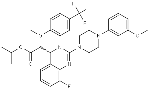 4-Quinazolineacetic acid, 8-fluoro-3,4-dihydro-2-[4-(3-methoxyphenyl)-1-piperazinyl]-3-[2-methoxy-5-(trifluoromethyl)phenyl]-, 1-methylethyl ester, (4S)- Structure