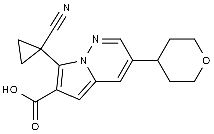 Pyrrolo[1,2-b]pyridazine-6-carboxylic acid, 7-(1-cyanocyclopropyl)-3-(tetrahydro-2H-pyran-4-yl)- Struktur