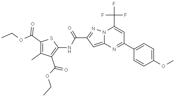 DIETHYL 5-({[5-(4-METHOXYPHENYL)-7-(TRIFLUOROMETHYL)PYRAZOLO[1,5-A]PYRIMIDIN-2-YL]CARBONYL}AMINO)-3-METHYL-2,4-THIOPHENEDICARBOXYLATE Struktur