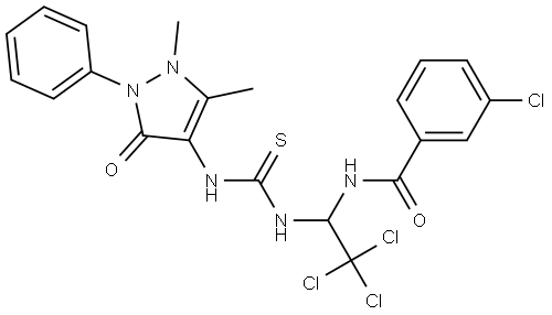 3-CHLORO-N-[2,2,2-TRICHLORO-1-({[(1,5-DIMETHYL-3-OXO-2-PHENYL-2,3-DIHYDRO-1H-PYRAZOL-4-YL)AMINO]CARBOTHIOYL}AMINO)ETHYL]BENZAMIDE Struktur
