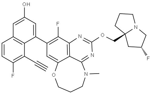 5-ethynyl-6-fluoro-4-(11-fluoro-2-(((2R,7aS)-2-fluorotetrahydro-1H-pyrrolizin-7a(5H)-yl)methoxy)-4-methyl-4,5,6,7-tetrahydro-[1,5]oxazocino[4,3,2-de]quinazolin-10-yl)naphthalen-2-ol Struktur