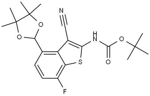 tert-Butyl (3-cyano-7-fluoro-4-(4,4,5,5-tetramethyl-1,3-dioxolan-2-yl)benzo[b]thiophen-2-yl)carbamate Struktur