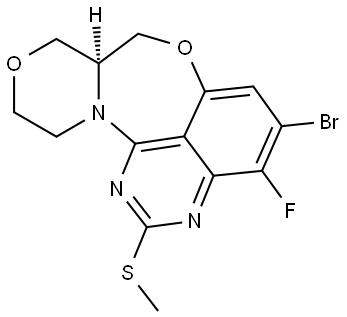 (S)-10-bromo-9-fluoro-7-(methylthio)-3,4,13,13a-tetrahydro-1H-[1,4]oxazino[3',4':3,4][1,4]oxazepino[5,6,7-de]quinazoline Struktur