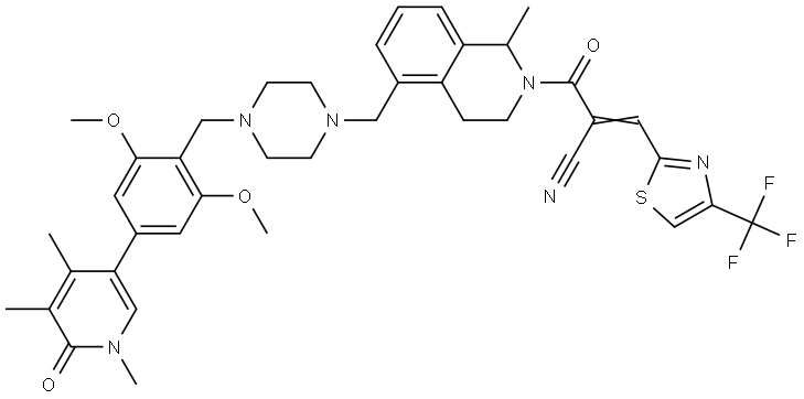2(1H)-Isoquinolinepropanenitrile, 5-[[4-[[4-(1,6-dihydro-1,4,5-trimethyl-6-oxo-3-pyridinyl)-2,6-dimethoxyphenyl]methyl]-1-piperazinyl]methyl]-3,4-dihydro-1-methyl-β-oxo-α-[[4-(trifluoromethyl)-2-thiazolyl]methylene]- Struktur
