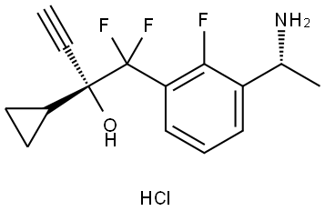 (R)-1-(3-((R)-1-Aminoethyl)-2-fluorophenyl)-2-cyclopropyl-1,1-difluorobut-3-yn-2-ol hydrochloride Struktur